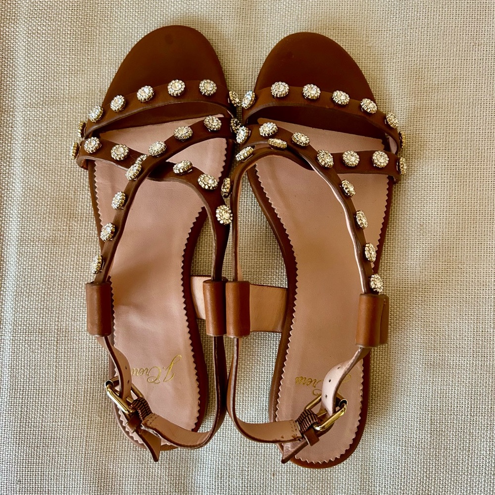 J Crew Brown Saddle Crystal Sandals Size 7 - Sparkle